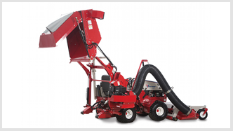 Ventrac collection system raised to full height. Click for details.