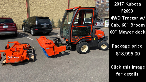 Used 2017 Kubota F2690 4WD Tractor with cab, broom, and mower deck. Click the image for details