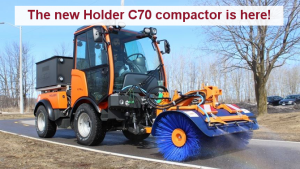 Holder C70 compact tractor cleaning narrow roadway with rotating brush and sprayers. Click image for more details.