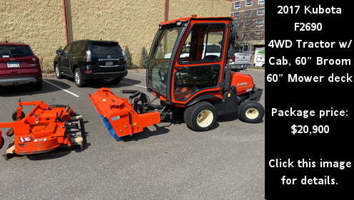 Used 2017 Kubota F2690 4WD Tractor with cab, broom, and mower deck. Click the image for details